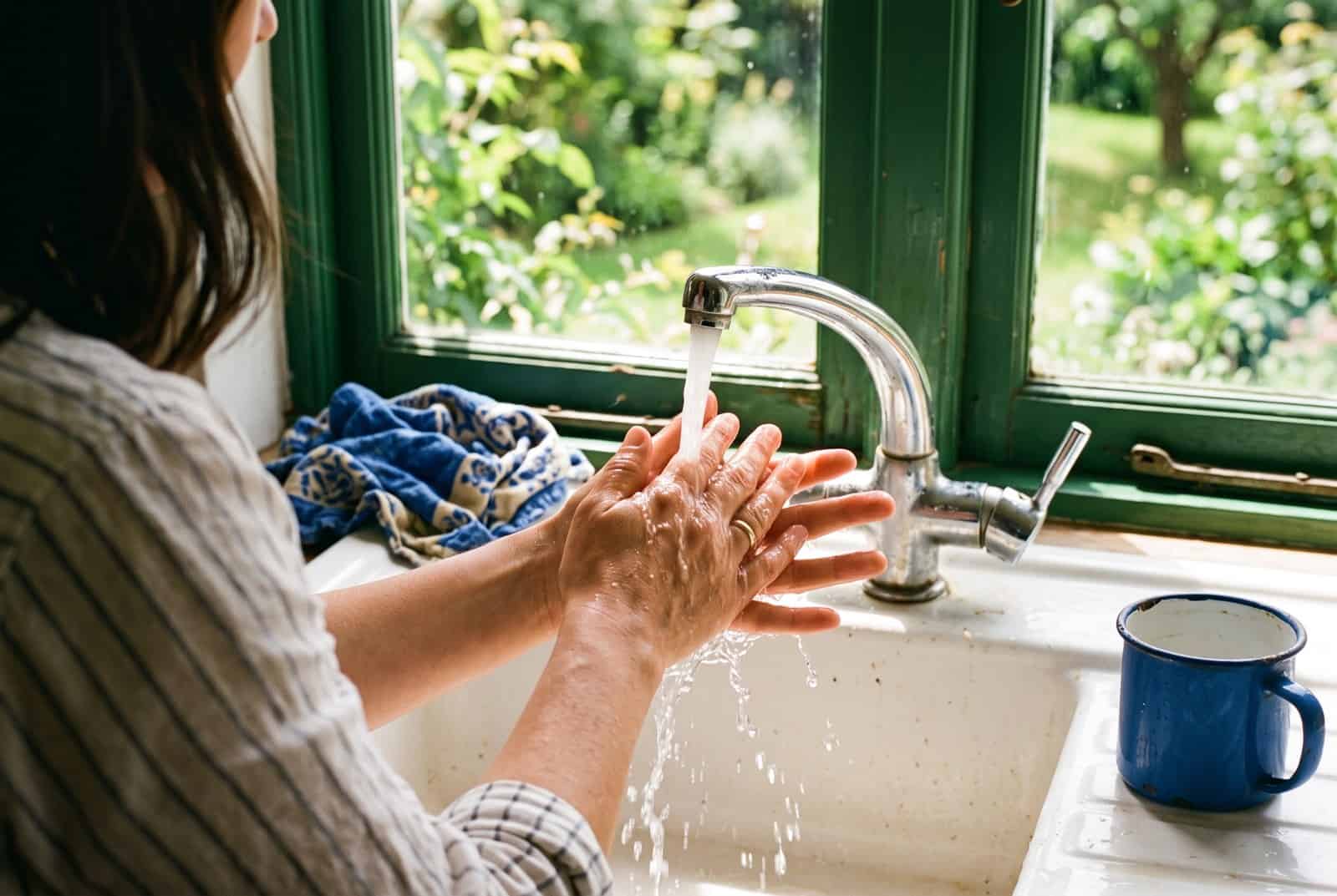 how-to-raise-your-vibration-hands-under-warm-tap A woman's hands rest under running water at a kitchen sink, with a sunlit green garden through the window.