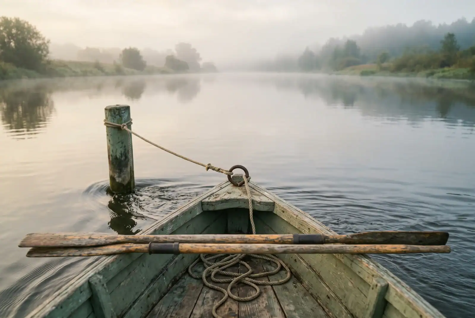A rowboat tied to a weathered post by a single rope, with coiled slack rope lying in the bottom of the boat.