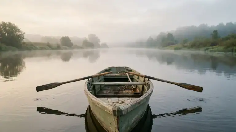 A wooden rowboat drifting downstream with its oars lifted and resting, on a misty morning river.