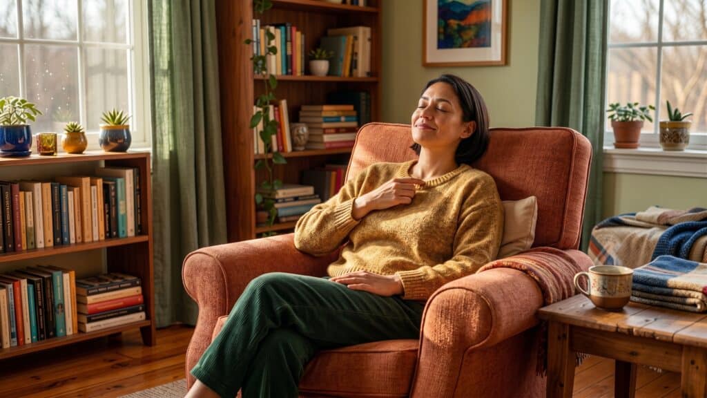 A calm person practicing gentle tapping on their collarbone in a sunlit room.