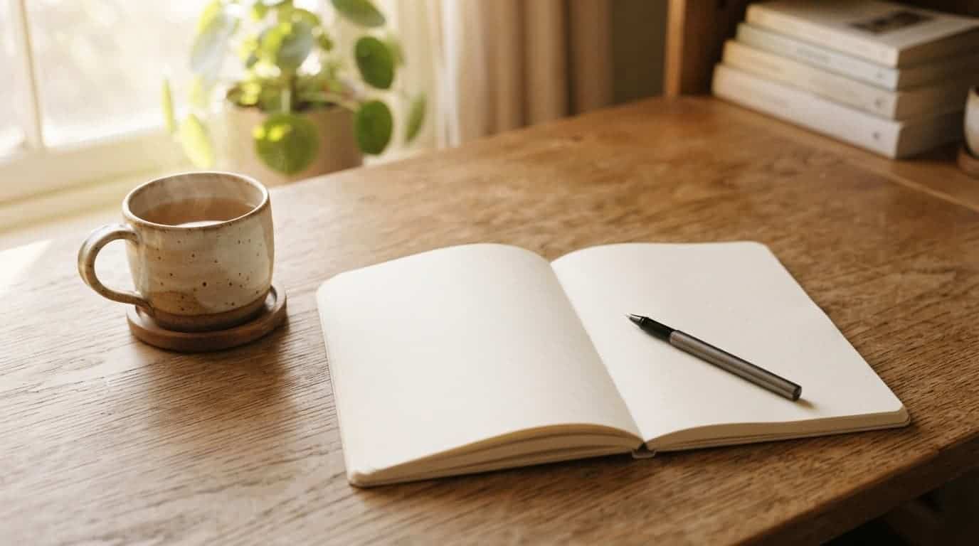 An open journal, pen, and herbal tea sit on a sunlit wooden desk.