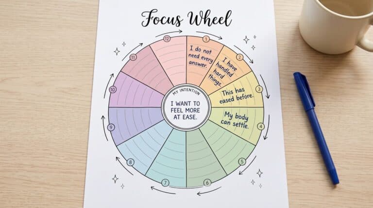 A printed Abraham Hicks focus wheel worksheet on a wooden desk, filled in by hand with four better-feeling thoughts around the centre intention: I want to feel more at ease